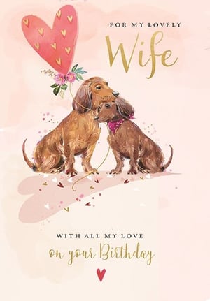 Delight your customers with this utterly charming birthday card for a beloved wife. Featuring an adorable pair of cuddling dogs, beautifully illustrated in a soft watercolour style, this card perfectly captures warmth and affection. A sweet heart-shaped balloon and delicate floral accents add to its romantic appeal. The heartfelt message, 'FOR MY LOVELY Wife, WITH ALL MY LOVE on your Birthday,' makes it an ideal choice for expressing deep love and appreciation. Supplied by Ling, this delightful card comes in a convenient pack of 6, ready to bring smiles to many special occasions.