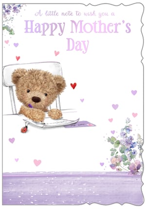 Send heartfelt wishes this Mother's Day with our adorable Open Mothers Day card, brought to you by Out of The Blue Studios Ltd. This charming design features a sweet teddy bear diligently writing a special note, surrounded by delicate hearts and a friendly ladybird. Soft purple and green floral accents adorn the corners, complementing the gentle 'A little note to wish you a Happy Mother's Day' message. With its lovely watercolour-style bottom border, this card exudes warmth and affection. Perfect for showing appreciation, each pack contains 6 delightful cards, ready to bring smiles to mums everywhere.