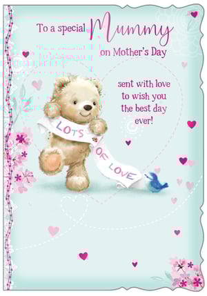 Celebrate Mother's Day with this adorable 'Mummy' card, designed to bring a smile to any special mum's face. Featuring a charming teddy bear lovingly holding a 'LOTS OF LOVE' banner, surrounded by delicate hearts and pretty floral accents, this card is bursting with warmth. The sweet message, 'sent with love to wish you the best day ever!', perfectly conveys heartfelt wishes. Crafted with care by Out of The Blue Studios Ltd., these delightful cards are supplied in a convenient pack of 6, making them an ideal choice for your retail offering this Mother's Day.