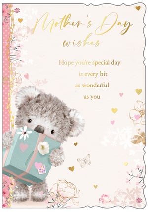 Send the warmest Mother's Day wishes with this utterly charming card! Featuring an adorable fluffy bear, lovingly holding a beautifully wrapped gift, it's sure to bring a smile to any mum's face. The soft pastel palette, delicate floral accents, and shimmering gold details create a truly special design. Adorned with sweet hearts and a gentle butterfly, this card carries the heartfelt message: 'Hope your special day is every bit as wonderful as you'. Perfect for showing your appreciation, it's a delightful way to celebrate Mum. This 'Open Mothers Day' card is a wonderful choice for a truly wonderful mother.
