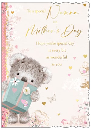 Celebrate Nanna this Mother's Day with this absolutely charming greeting card from Out of The Blue Studios Ltd. Featuring an adorable koala-like bear tenderly holding a teal gift, this card is bursting with warmth and affection. Delicate pink and gold floral accents, shimmering hearts, and graceful butterflies adorn the soft, inviting background.

The heartfelt message reads, "To a special Nanna on Mother's Day. Hope you're special day is every bit as wonderful as you." Perfect for expressing love and appreciation, this card is sure to bring a smile to any Nanna's face. Available in a convenient pack of 6, it's an ideal addition to your Mother's Day card selection.