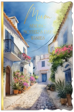 Transport Mum to a sun-drenched paradise this Mother's Day with this exquisite card! Our 'Mum' card features a breathtaking watercolour illustration of a picturesque Mediterranean street, adorned with charming whitewashed buildings, vibrant pink bougainvillea, and a quaint cobbled path. The elegant golden script, 'Mum, Sending Mother's Day Wishes,' adds a luxurious touch.

Crafted with care by Out of The Blue Studios Ltd., this card is a beautiful way to express love and appreciation. Available in a convenient pack of 6, it's a must-have for retailers seeking to offer their customers a truly memorable and heartfelt greeting. Brighten her day with this idyllic scene!