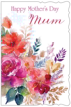 Celebrate Mother's Day with this truly beautiful card, designed especially for Mum! Featuring a stunning watercolour floral design, this card bursts with vibrant reds, rich pinks, and warm oranges, complemented by delicate foliage. The artistic brushstrokes and soft hues create a heartfelt and elegant look, making it the perfect way to show appreciation. The message 'Happy Mother's Day Mum' is beautifully