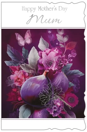 Celebrate Mother's Day with this exquisite card, designed specifically for 'Mum'. From Out of The Blue Studios Ltd, this stunning card features a rich tapestry of deep purple and magenta hues. A delicate pink butterfly gracefully hovers above a beautiful arrangement of vibrant flowers and elegant figs, creating a truly luxurious and sophisticated design.

The heartfelt message, "Happy Mother's Day Mum," is presented in a stylish silver script, adding a touch of class. This card offers a unique and memorable way to express appreciation. Available in a convenient pack size of 1x6, it's a perfect addition to your Mother's Day card selection.