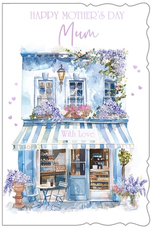 Make Mother's Day truly special with our exquisite 'Mum' card, brought to you by Out of The Blue Studios Ltd. This delightful design showcases a charming watercolour illustration of a picturesque Parisian-style shop, beautifully adorned with vibrant purple wisteria and fragrant lavender. The soft blue and white striped awning, featuring a heartfelt 'With Love' message, adds an elegant touch to this serene scene. Perfect for expressing deep affection, this card captures a timeless beauty that Mums will adore. Available in a convenient pack size of 1x6, it's an ideal choice for retailers looking to offer their customers a truly memorable way to celebrate.