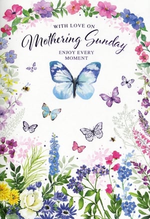 Celebrate Mothering Sunday with this exquisite card from Simon Elvin. Adorned with a beautiful watercolour design, it features a vibrant array of spring flowers in delicate pinks, purples, and blues, creating a charming border. Graceful butterflies flutter across the card, adding a touch of elegance and joy. The heartfelt message, "WITH LOVE ON Mothering Sunday ENJOY EVERY MOMENT," makes it the perfect way to show appreciation. This lovely card is sure to bring a smile to any mother's face. Available in a convenient pack of 6, it's an ideal addition to your retail offering for this special occasion.