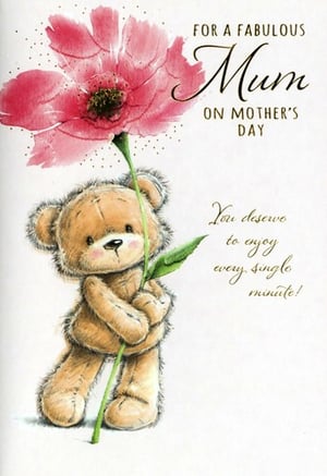 Help your customers celebrate Mother's Day in the sweetest way with this charming card from Simon Elvin. Featuring an adorable teddy bear presenting a beautiful pink flower, this design is perfect for a 'Fabulous Mum'. The heartfelt message inside reads, 'You deserve to enjoy every single minute!'

This delightful card, part of our 'Mum' range, is sure to bring joy. Supplied in a convenient pack of 6, it's ideal for retailers looking to offer a thoughtful and popular choice for Mother's Day. Ensure your shelves are stocked with this lovely design!