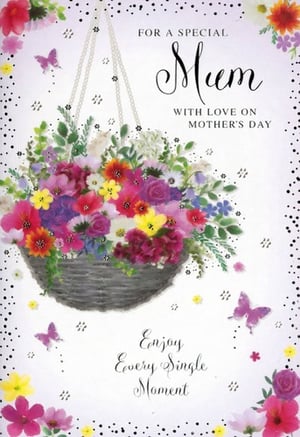 Celebrate Mum this Mother's Day with this truly beautiful card from Simon Elvin. Featuring a vibrant hanging basket overflowing with a stunning array of colourful blooms – from cheerful yellows and oranges to delicate pinks and purples – it's a feast for the eyes. Adorned with charming butterflies and delicate sparkling details, this card perfectly captures the joy and love of the occasion. The heartfelt message, 'FOR A SPECIAL Mum WITH LOVE ON MOTHER'S DAY' and 'Enjoy Every Single Moment', makes it an ideal choice to show appreciation. Available in a convenient pack of 6, this delightful card is sure to be a popular pick for your customers.