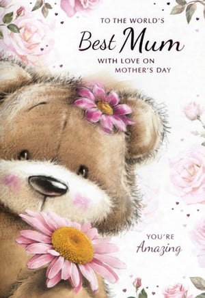 Celebrate Mother's Day with this utterly charming card, part of the 'Mum' range from Simon Elvin. This delightful design features an adorable teddy bear, lovingly holding a vibrant pink daisy, with another sweet bloom nestled in its fur. Soft watercolour roses and delicate hearts adorn the background, creating a truly heartwarming scene. The heartfelt message, 'TO THE WORLD'S Best Mum WITH LOVE ON MOTHER'S DAY YOU'RE Amazing', makes it the perfect way to show appreciation. Each pack contains 6 of these beautiful cards, ready to bring smiles to Mums everywhere.