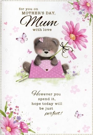 Make Mother's Day extra special for Mum with this utterly charming card. Featuring an adorable teddy bear nestled in a sweet pink envelope, holding a beautiful pink daisy, it's sure to bring a smile to her face. Delicate butterflies flutter around, adding to the lovely, gentle design. The heartfelt message inside wishes her a 'perfect' day, no matter how she spends it. With its soft pink hues and delightful illustrations, this Simon Elvin card is the perfect way to show your love and appreciation. Available in a convenient pack of 6.