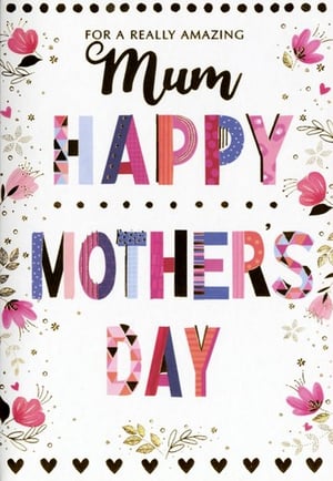 Celebrate Mum with this gorgeous Mother's Day card from Simon Elvin. Featuring a heartfelt message "FOR A REALLY AMAZING Mum" and vibrant "HAPPY MOTHERS DAY" lettering, this card is sure to bring a smile. Adorned with pretty pink flowers, delicate gold accents, and charming heart details, it's the perfect way to show appreciation. Stock up for the special day with this lovely design, available in a convenient pack of 6. Your customers will adore this cheerful and colourful card for their amazing mums.
