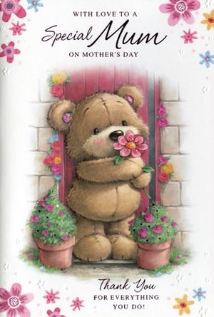 Celebrate Mother's Day with our delightful 'Mum' card, brought to you by Simon Elvin. This heartwarming design features an irresistibly cute teddy bear presenting a lovely pink flower, framed by a charming floral doorway. The card beautifully expresses "WITH LOVE TO A Special Mum ON MOTHER'S DAY" and a sincere "Thank You FOR EVERYTHING YOU DO!" It's the perfect way to show appreciation and make any mum feel cherished. Stock up on these popular cards, available in a convenient pack of 6, ensuring your customers can find the ideal sentiment for their special mum.