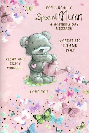 Celebrate Mum this Mother's Day with this charming card from Simon Elvin. Featuring a sweet teddy bear amidst a flurry of colourful butterflies on a soft pink background, it's designed to convey warmth and appreciation.

The card carries heartfelt messages such as "For a Really Special Mum," "A Mother's Day Message," and "A Great Big 'Thank You'," making it ideal for expressing love and gratitude. It also includes a lovely wish for Mum to "Relax and Enjoy Yourself." This thoughtful design is perfect for any customer looking to show their mum how much she means to them.

Supplied in a convenient pack of 6.