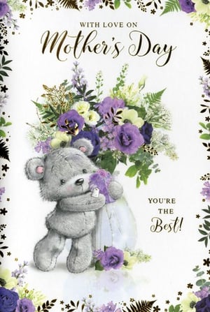 Celebrate Mother's Day with this utterly charming card, perfect for showing appreciation to any wonderful mother figure. This delightful design features an adorable grey teddy bear, lovingly holding a little purple gift, nestled amongst a beautiful bouquet of purple, white, and green flowers. The elegant border complements the heartfelt messages "WITH LOVE ON Mother's Day" and "YOU'RE THE Best!", making it a truly special way to express your feelings. A sweet and tender choice for the occasion, this card is sure to bring a smile. Available in convenient packs of 6, ensuring you're well-stocked for the special day.