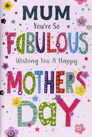 Make Mother's Day extra special with this vibrant "Mum" card from Simon Elvin. Designed to bring a smile, this card features eye-catching, glitter-embellished lettering that proudly declares "Mum You're So Fabulous Wishing You A Happy Mothers Day." Adorned with sparkling stars and colourful flower details, it's a truly cheerful way to celebrate. Perfect for retailers looking to offer a bright and heartfelt option, this delightful card comes in a convenient pack size of 1x6. Help your customers express their love and appreciation with this wonderful Mother's Day greeting.