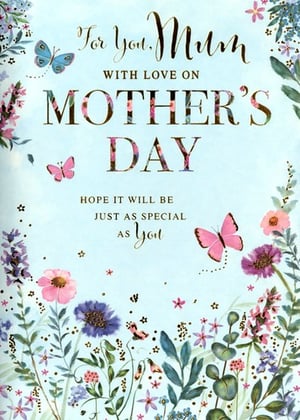 Make Mum's day extra special with this enchanting Mother's Day card from Simon Elvin. Adorned with a beautiful watercolour illustration, it features a serene light blue backdrop, vibrant pink, purple, and blue flowers, lush green foliage, and delicate butterflies. The elegant gold-foiled lettering conveys a heartfelt message: "For You, Mum WITH LOVE ON MOTHER'S DAY. HOPE IT WILL BE JUST AS SPECIAL AS You." This charming card is designed to make any Mum feel truly cherished. Available in a convenient pack of 6, it's a perfect addition to your greeting card selection.