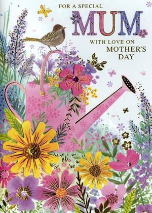 Discover the 'Mum' Mother's Day card, a charming design from Simon Elvin. This beautiful card features a vibrant garden scene, perfect for celebrating Mum. A pretty pink watering can is filled with an abundance of colourful flowers in cheerful pinks, yellows, and purples. A sweet bird perches on the handle, while delicate butterflies flutter around, adding to the delightful atmosphere. The card carries the heartfelt message, "FOR A SPECIAL MUM WITH LOVE ON MOTHER'S DAY." Stock up on these lovely cards, available in a convenient pack of 6, to offer your customers a truly special way to show their appreciation this Mother's Day.