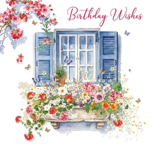 Send the warmest birthday greetings with this enchanting card from Nigel Quiney Publications. This delightful watercolour design captures a picturesque window scene, adorned with vibrant blue shutters and a window box overflowing with a riot of colourful blooms. Delicate butterflies and busy bees flit amongst the cheerful flowers, creating a truly idyllic and summery feel. With its elegant 'Birthday Wishes' script, this card is perfect for celebrating any special woman in your life. Each pack contains 6 beautifully crafted cards, ready to bring joy to your customers.