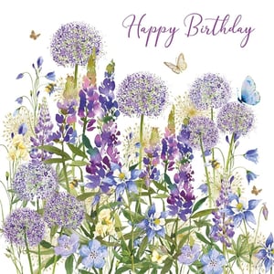 Celebrate special moments with this enchanting 'Open Birthday Female' card from Nigel Quiney Publications. This delightful watercolour design captures the beauty of a vibrant wildflower garden, bursting with an array of purple and blue hues. Featuring elegant alliums, graceful lupins, and charming smaller blooms, the scene is brought to life with delicate butterflies and busy bees. The 'Happy Birthday' message, elegantly scripted, makes this card a perfect choice for sending warm wishes to any female recipient. Stock up on this popular design, supplied in a convenient pack of 6, and offer your customers a truly beautiful way to celebrate.