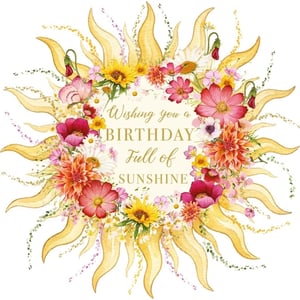 Bring a ray of sunshine to your card selection with this delightful 'Open Birthday Female' card from Nigel Quiney Publications. Its vibrant watercolour design features a beautiful sun motif, artfully crafted from an abundance of colourful flowers and delicate foliage.
The heartfelt message, 'Wishing you a Birthday Full of Sunshine', perfectly complements the cheerful aesthetic, making it an ideal choice for celebrating any special woman. This charming card is sure to brighten her day and make her feel cherished. Stock up on this uplifting design, supplied in a convenient pack of 6, and offer your customers a truly memorable birthday greeting.