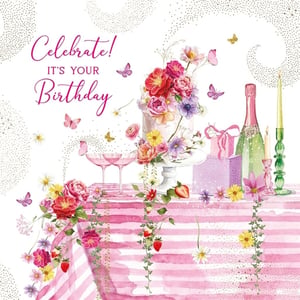 Presenting the 'Open Birthday Female' card from Nigel Quiney Publications, a truly charming choice for any special birthday. This delightful design showcases a beautiful watercolour illustration, capturing the essence of a joyful celebration. A magnificent floral cake is the focal point, complemented by elegant champagne flutes, a sparkling bottle, and thoughtfully wrapped gifts. Delicate butterflies dance amongst a vibrant array of flowers, lush leaves, and ripe strawberries, all gracefully draped over a stylish pink and white striped tablecloth. Subtle gold glitter accents add a touch of festive sparkle. This card perfectly conveys warm wishes for a wonderful day. Supplied in a convenient pack of 6.
