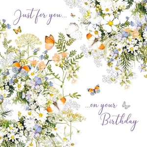 Celebrate her special day with this exquisite 'Open Birthday Female' card from Nigel Quiney Publications. This stunning design captures the beauty of a vibrant summer meadow, adorned with delicate wildflowers in soft whites, blues, and purples. Elegant butterflies flutter gracefully amongst the blooms, adding a touch of charm and life to the illustration.
The heartfelt message, "Just for you... on your Birthday", makes it a perfect choice for any female recipient. With its intricate details and serene colour palette, this beautiful card is sure to bring a smile and make her feel truly cherished. Available in a convenient pack of 6, it's an ideal addition to your greeting card selection.