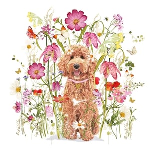 Celebrate her special day with this charming birthday card from Nigel Quiney Publications. The design showcases a cheerful doodle dog, wearing a pink collar, sitting happily amidst a vibrant meadow of wildflowers. Butterflies and a bee flit around, adding to the lively, natural scene. This 'Open Birthday Female' card offers a warm and delightful greeting that will surely bring a smile. Supplied in a convenient pack of 6 (1x6), it's a wonderful choice for your card selection.