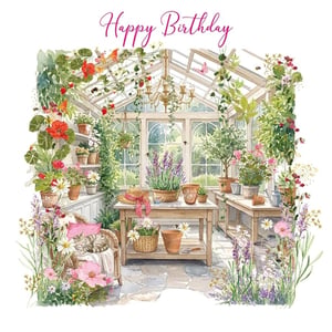 Send warm birthday wishes with this enchanting card, featuring a beautiful watercolour illustration. Step into a serene greenhouse, overflowing with vibrant flowers like fragrant lavender, cheerful daisies, and lush climbing plants. A peaceful cat naps on a wicker chair, surrounded by buzzing bees and delicate butterflies, creating a truly idyllic scene. The soft artistry and natural beauty make this 'Happy Birthday' card a perfect choice for any special woman in your life, offering a moment of tranquility and joy.