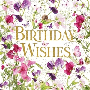 Celebrate her special day with our beautiful 'Open Birthday Female' card from Nigel Quiney Publications. This delightful design features a vibrant array of sweet pea flowers in shades of pink and purple, creating a truly enchanting border. Golden glitter text spells out "BIRTHDAY WISHES," adding a touch of sparkle and elegance. Look closely and you'll spot charming butterflies fluttering amongst the blooms, and even a tiny snail adding a whimsical touch. Perfect for any female recipient, this card offers a fresh, natural feel with its delicate watercolour style and subtle shimmer. Each pack contains 6 cards, ready to bring joy to your customers.