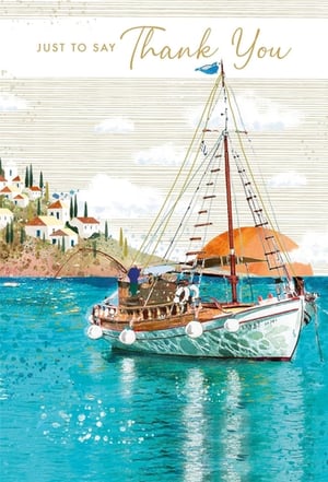 "Just to say Thank You" – and what a beautiful way to say it! This exquisite greeting card from Nigel Quiney Publications features a breathtaking scene that will truly convey your appreciation. Immerse yourself in the tranquil beauty of a Mediterranean bay, where a charming sailboat gently bobs on sparkling turquoise waters. A picturesque village clings to the sun-drenched hillside, all rendered in a delightful, painterly style. This card is more than just a message; it's a mini-escape, offering a moment of serene beauty to the recipient. Perfect for expressing heartfelt gratitude, it's sure to make anyone feel truly special. Available in a handy pack of 6.