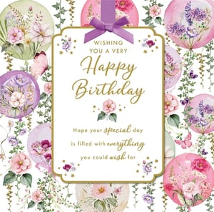 Celebrate her special day with this enchanting 'Open Birthday Female' card from Nigel Quiney Publications. Adorned with delicate watercolour florals, whimsical balloons, and charming butterflies in soft pastel hues, this card exudes elegance. The heartfelt message, "Wishing you a very Happy Birthday, Hope your special day is filled with everything you could wish for," makes it perfect for any female recipient. Stock up with this delightful design, available in a convenient pack of 6, to offer your customers a truly beautiful way to send their best wishes.