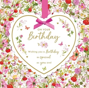 Celebrate her special day with this exquisite 'Open Birthday Female' card from Nigel Quiney Publications. This beautiful card features a charming heart-shaped design, adorned with a delicate pink ribbon bow, set against a vibrant backdrop of wild garden flowers, berries, and fluttering butterflies.
The heartfelt message inside the scalloped, gold-edged heart reads: 'ON YOUR Birthday Wishing you a Birthday as special as you are!' Perfect for any female recipient, its cheerful and feminine design is sure to bring a smile. Each pack contains 6 identical cards, making it an ideal choice for retailers looking to offer a truly lovely and popular birthday option. A delightful choice for any birthday celebration!