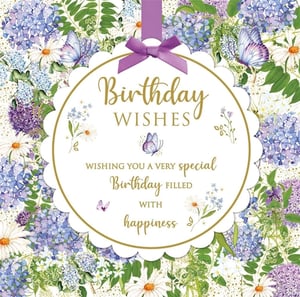 Celebrate her special day with this exquisite Open Birthday card, perfect for any female recipient. Adorned with a delightful array of soft blue and purple hydrangeas, cheerful white daisies, and delicate butterflies, this card exudes charm and elegance. The central scalloped tag, tied with a pretty purple ribbon, carries heartfelt 'Birthday Wishes' and a message of 'happiness'. Its beautiful watercolour-style artwork and gentle shimmer make it a truly lovely choice. Stock up on these popular cards, supplied in convenient packs of six, to offer your customers a beautiful way to send their warmest birthday greetings.