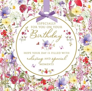Celebrate her special day with this exquisite Open Birthday card from Nigel Quiney Publications. Featuring a beautiful watercolour design of a vibrant wildflower meadow, this card is a true delight. A charming scalloped centrepiece, adorned with a delicate purple bow, frames the heartfelt message: "Especially for you on your Birthday, hope your day is filled with relaxing and special moments."
The gentle hues of purple, red, and yellow, complemented by fluttering butterflies, create an elegant and serene feel. Perfect for any female recipient, this card offers a warm and personal touch. Stock up on this lovely design; available in a convenient pack of 6.