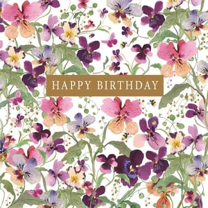Celebrate her special day with this exquisite 'Open Birthday Female' card from Nigel Quiney Publications. Featuring a stunning watercolour design, delicate pansies and violas burst forth in vibrant shades of pink, purple, and soft yellow, intertwined with lush green foliage. Look closely and you'll spot charming butterflies and busy bees, adding a touch of natural beauty and whimsy. The elegant 'HAPPY BIRTHDAY' message is presented on a sophisticated gold banner, making this card a truly delightful choice for any woman or girl. Supplied in a convenient pack of 6, it's a beautiful way to stock up on thoughtful birthday greetings.