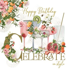 Celebrate her special day in style with this exquisite 'Open Birthday Female' card from Nigel Quiney Publications. This beautifully illustrated design captures the essence of a joyful celebration, featuring an array of elegant cocktail glasses brimming with vibrant fruits such as strawberries, oranges, kiwi, and pomegranate. Delicate blossoms and lush greenery intertwine throughout, while subtle golden glitter adds a touch of sparkle. The prominent 'CELEBRATE in style' message, artfully integrated with a floral 'C', makes this card truly memorable. Perfect for any female recipient, it offers a sophisticated and cheerful way to send birthday wishes. Available in a convenient pack of 1x6, it's a delightful addition to your greeting card collection.