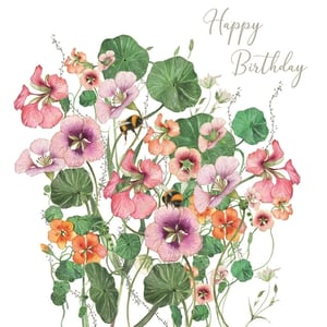 Celebrate special moments with our delightful Open Birthday Female card. This charming design features a vibrant watercolour illustration of blooming flowers in pretty pinks, soft purples, and warm oranges, nestled amongst lush green foliage. Two busy bumblebees add a touch of natural beauty and whimsy to the scene. The elegant 'Happy Birthday' script makes it perfect for sending warm wishes to any woman in your life. With its artistic flair and joyful colours, this card is sure to bring a smile. Available in a convenient pack of 6, it’s an ideal choice for retailers looking to offer a beautiful and versatile birthday option for their customers.