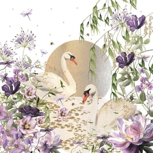 Bring a touch of serene elegance to your retail offering with this beautiful 'Blank Female' design from Nigel Quiney Publications. This enchanting image features two graceful white swans, nestled amongst a vibrant array of purple and lilac flowers and lush green foliage. Delicate dragonflies and busy bees flit around, adding a whimsical charm to the scene. The shimmering golden and silver circular backdrop, alongside the golden patterned ground, creates a truly captivating and luxurious feel. Perfect for a variety of occasions, this blank card allows customers to add their own heartfelt message. Supplied in a convenient pack of 1x6, it's an ideal choice for those seeking a sophisticated and versatile card.