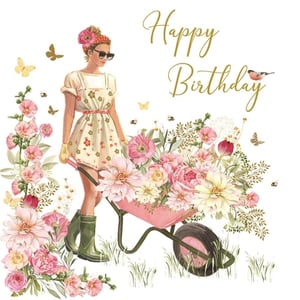 Brighten her special day with this enchanting "Open Birthday Female" card from Nigel Quiney Publications. This delightful design features a stylish woman, complete with a floral dress and wellington boots, pushing a wheelbarrow brimming with beautiful pink and white flowers. The vibrant garden scene, adorned with fluttering butterflies and busy bees, creates a charming backdrop for the "Happy Birthday" message. It's the perfect choice for any female recipient who appreciates elegant artistry and the joy of nature. Each wholesale pack contains 6 cards, ensuring you're well-stocked with this popular design.
