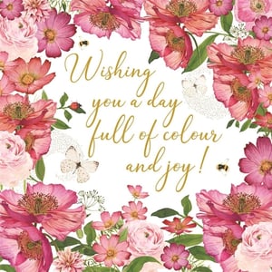Brighten her birthday with this beautifully illustrated Open Birthday card from Nigel Quiney Publications. Featuring a vibrant display of watercolour-style pink and fuchsia flowers, including delicate ranunculus and cosmos, this design is full of life. Graceful butterflies, a busy bee, and a friendly ladybug add charming details. The heartfelt message, "Wishing you a day full of colour and joy!", is elegantly scripted in gold, making it a perfect choice for any female recipient. This cheerful card is sure to bring a smile. Supplied in a convenient pack of 6.