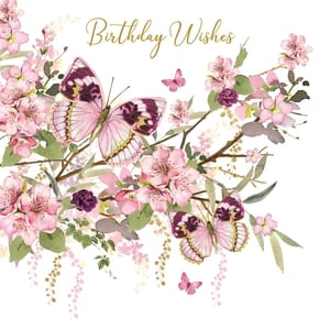 Presenting our "Open Birthday Female" card, a truly beautiful choice for celebrating special occasions. This exquisite design features a captivating watercolour illustration of delicate pink and purple butterflies gracefully soaring amidst blooming cherry blossoms and lush greenery. Elegant gold accents add a touch of sparkle, making this card feel truly special. The "Birthday Wishes" message, rendered in elegant gold script, completes this charming design. From Nigel Quiney Publications, this card offers a high-quality, heartfelt way to convey birthday greetings. Supplied in a convenient pack of 6, it's a perfect addition to your retail offering, ready to enchant your customers.