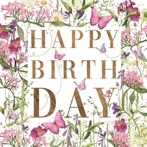 Celebrate her special day with this enchanting 'Open Birthday Female' card. Featuring a beautiful watercolour design, it showcases a vibrant border of pink and purple wildflowers, complemented by delicate butterflies fluttering across the scene. The elegant 'Happy Birthday' message, rendered in a luxurious gold textured font, takes centre stage. This card offers a truly charming and sophisticated way to send your warmest wishes, making any woman feel cherished on her birthday. A delightful choice for a heartfelt greeting.