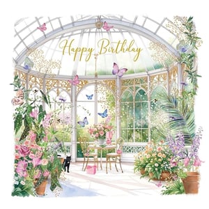 Discover the charm of this 'Open Birthday Female' card, brought to you by Nigel Quiney Publications. This beautiful watercolour design captures the tranquility of a sunlit conservatory, overflowing with an array of colourful flowers and delicate butterflies. A sweet black cat adds a touch of personality, peeking from the lush greenery. The elegant 'Happy Birthday' message, presented in a lovely gold script, completes this idyllic scene. It's a perfect choice for sending heartfelt birthday wishes to any female recipient. Supplied in a convenient pack of 6, these cards offer a touch of elegance and are sure to be a popular addition to your card selection.