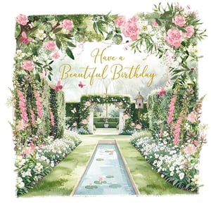 Wish someone a truly beautiful birthday with this enchanting card. Adorned with a captivating watercolour illustration, it depicts a serene garden filled with delicate pink roses, lush green foliage, and graceful butterflies fluttering amongst the blooms. A charming path leads through a floral archway, inviting you into a tranquil world. The elegant 'Have a Beautiful Birthday' message is perfectly complemented by this idyllic scene, making it a wonderful choice for any special woman in your life. This card is sure to bring a smile and a touch of natural beauty to her celebration.