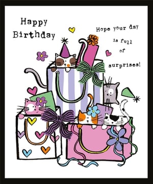 Bring a smile to her special day with this utterly charming 'Open Birthday Female' card from Nigel Quiney Publications. This delightful design features an adorable collection of playful cats, peeking out from a vibrant stack of colourful gift bags. Each feline friend adds a touch of whimsy, with some sporting festive party hats and others surrounded by cheerful bows and flowers.
The card's sweet message, 'Happy Birthday, Hope your day is full of surprises!', perfectly complements the joyful scene. With its bright colours and endearing characters, this card is guaranteed to make any female recipient feel extra loved. Available in a convenient pack size of 1x6, it's a must-have for your card selection.