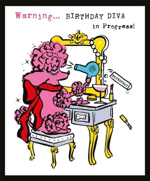 Get ready to celebrate with this fabulous 'Birthday Diva' card! Featuring a wonderfully glamorous pink poodle getting primped and preened at her dressing table, complete with hairdryer and hairspray, this design is bursting with fun and sass. The vibrant colours and playful illustration perfectly capture the excitement of a special birthday. It's the ideal choice for any female who loves a bit of sparkle and a lot of pampering on her big day. From Nigel Quiney Publications, this delightful card is sure to bring a smile to your customers. Available in a convenient pack of 6.
