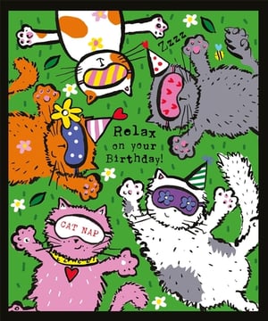 Help your customers celebrate in style with this charming "Relax on your Birthday!" card, perfect for any female recipient. From Nigel Quiney Publications, this delightful design features five adorable cats enjoying the ultimate birthday chill-out.
Each feline is depicted in various states of blissful relaxation on a vibrant green lawn, complete with fun party hats and quirky sleep masks – one even says "CAT NAP"! With playful details like tiny flowers, a buzzing bee, and sleepy Zzzs, this card beautifully captures the joy of taking it easy on a special day. It’s an ideal choice for cat lovers and anyone who deserves a moment of peace. Supplied in a handy pack of 6, it's a fantastic addition to your greeting card range.