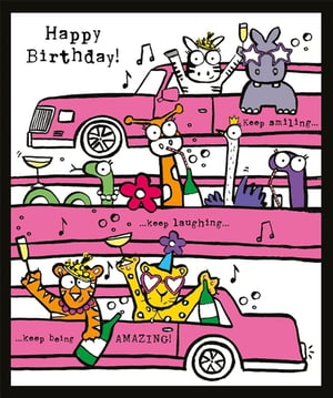 Celebrate in style with this wonderfully vibrant 'Happy Birthday' card! Featuring a hilarious cast of party-loving animals, from a crown-wearing zebra to a leopard in heart-shaped glasses, all cruising in fabulous pink cars. This unique design from Nigel Quiney Publications is bursting with joy and good wishes. With messages like 'Keep smiling...', '...keep laughing...', and '...keep being AMAZING!', it's the perfect way to send cheer to any special female on her big day. A truly eye-catching card that promises to bring a smile!