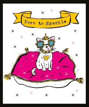 Add a touch of purr-fection to your card selection with this delightful 'Born to Sparkle' Open Birthday card from Nigel Quiney Publications. Featuring an undeniably glamorous white cat, complete with a sparkling crown, chic square sunglasses, and a 'diva' collar, this card is sure to bring a smile. Our fabulous feline is perched regally on a plush pink cushion, exuding confidence and charm. The playful 'Born to Sparkle' banner perfectly captures the spirit of celebration. Ideal for any female recipient who loves a bit of sparkle and sass, this card is a fantastic choice for birthdays. Available in a convenient pack of 6, it's a must-have for your retail display.