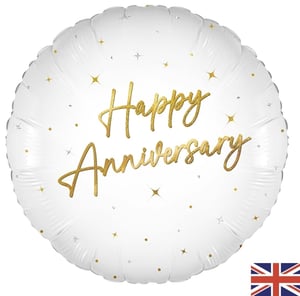 Make any anniversary truly special with our stunning 18" Elegant Sparkle White Happy Anniversary balloon. This beautiful round foil balloon features a crisp white background adorned with shimmering gold 'Happy Anniversary' script, complemented by delicate gold and silver sparkle details. It's the perfect way to add a touch of sophistication and joy to any celebration.
Ideal for marking those cherished milestones, this eye-catching balloon is sure to delight. Each balloon is sold individually, making it easy to create memorable displays for parties, gifts, or event decor. A delightful choice for celebrating love and commitment!
